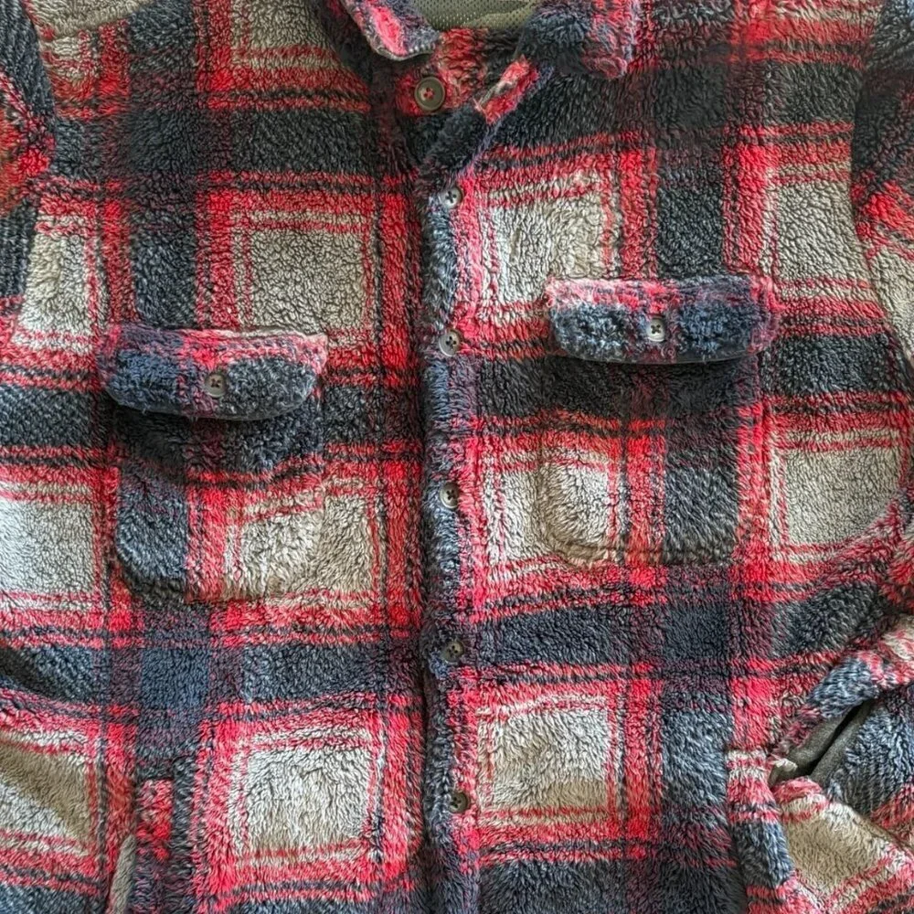 Flag & Anthem Men's XL Red/Navy/Gray Fleece Plaid Button Heavy Flannel Jacket